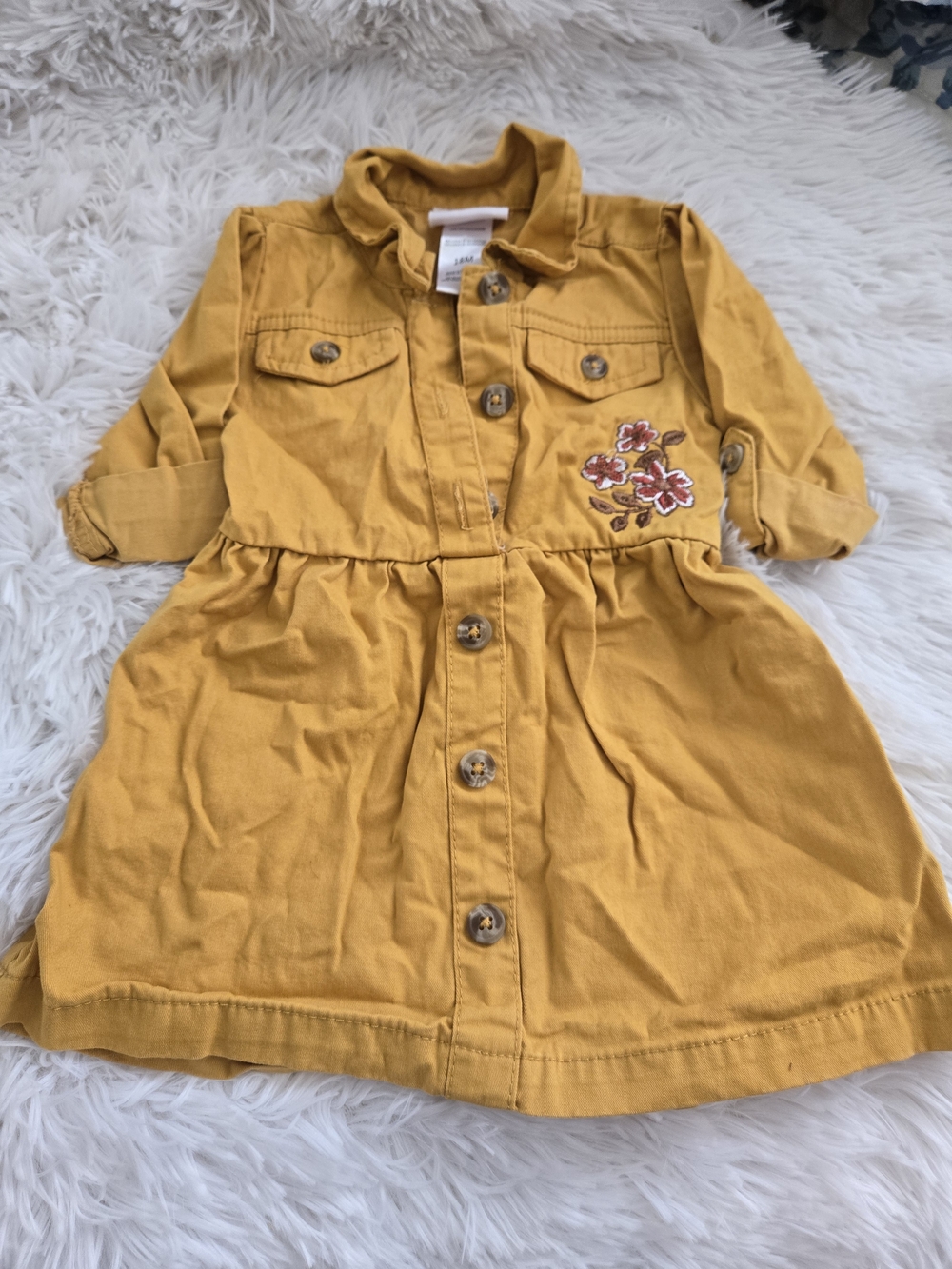 Little Lass Mustard Button-Front Dress with Floral Patch